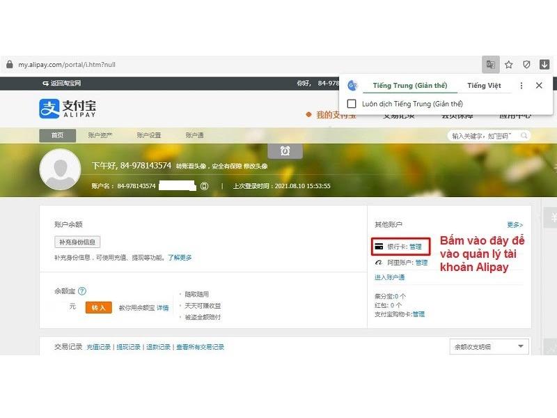 Thanh toán alipay bằng thẻ visa